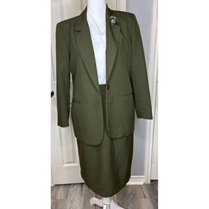 Vtg Forest Green Suit Blazer Jacket Skirt Lined Women's Petite 6 Secretary Geek